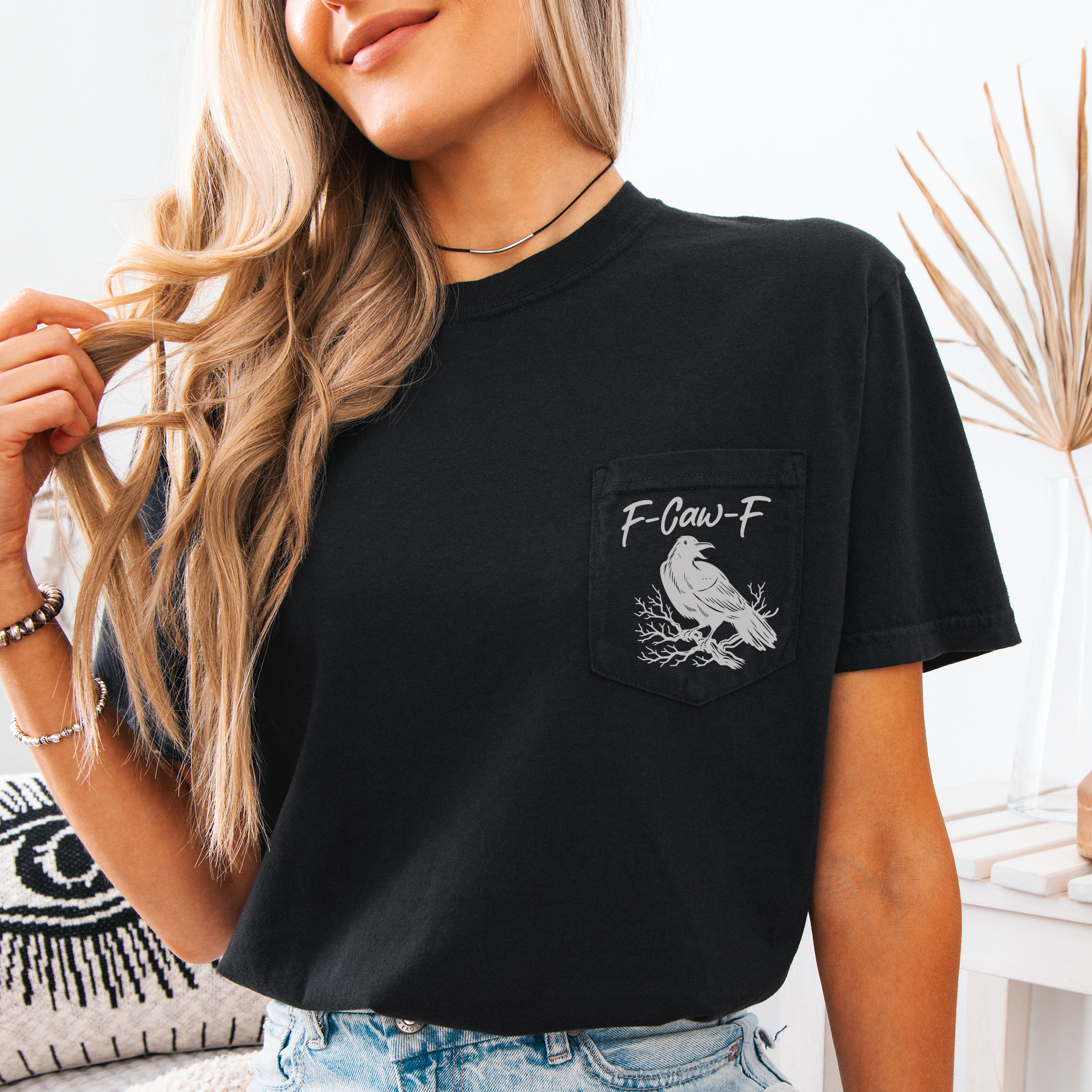 F Caw F Raven Crow Gothic Halloween Witch Spooky Dark Humor Crude Crass Laughs Pocket Vibe Comfort Colors Tee