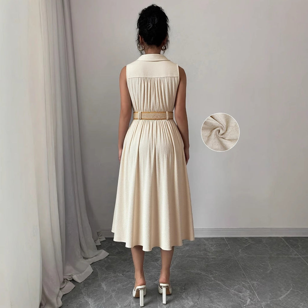 V-Neck Sleeveless A-Line Shirt Dress for Women – High Waist Cotton Linen Midi