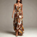 Brown Spaghetti Strap Pleated Waist Maxi Dress with Pockets