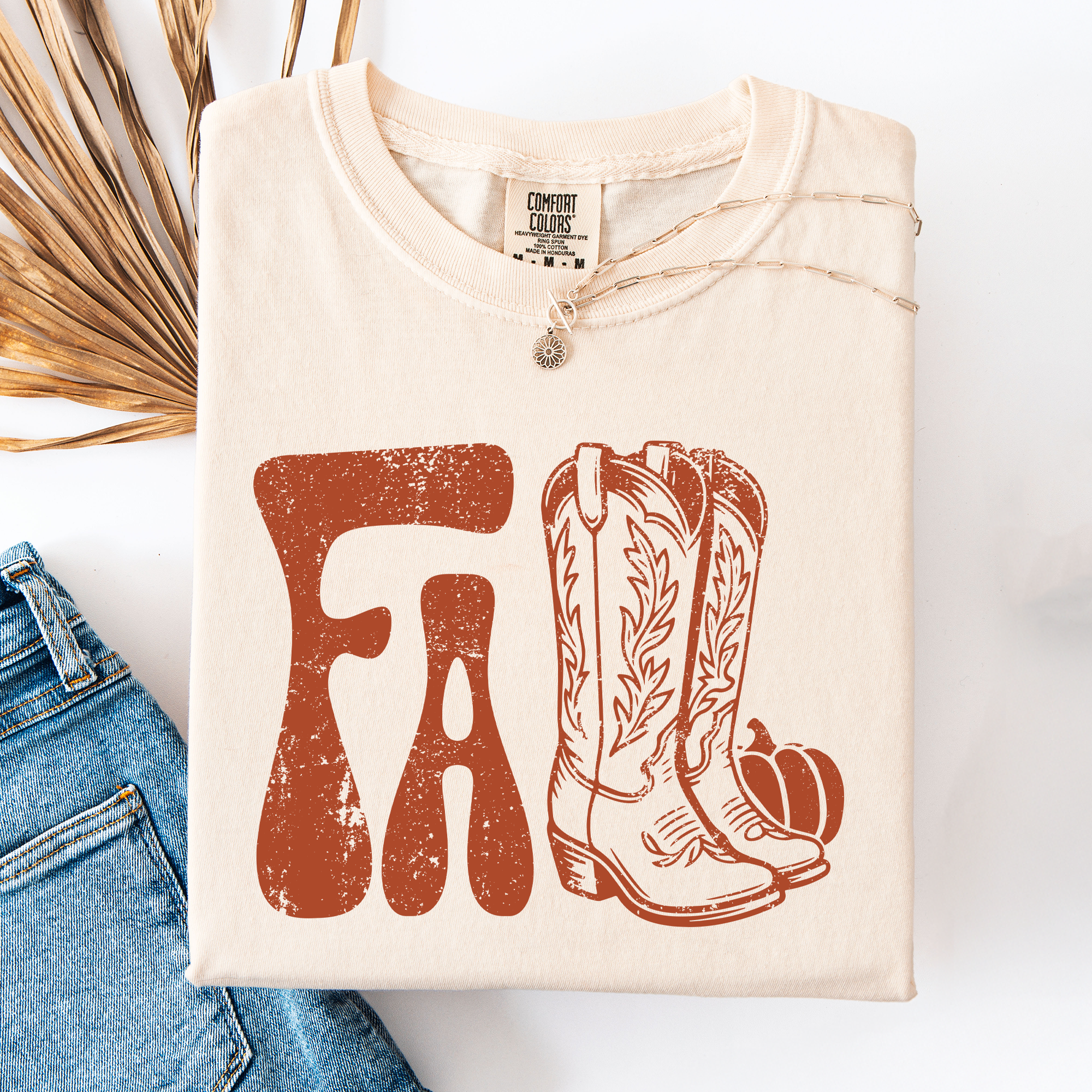 Fall Cowboy Boots Western Autumn Pumpkin Checkered Motif Minimal Vintage Style Comfort Colors Tee