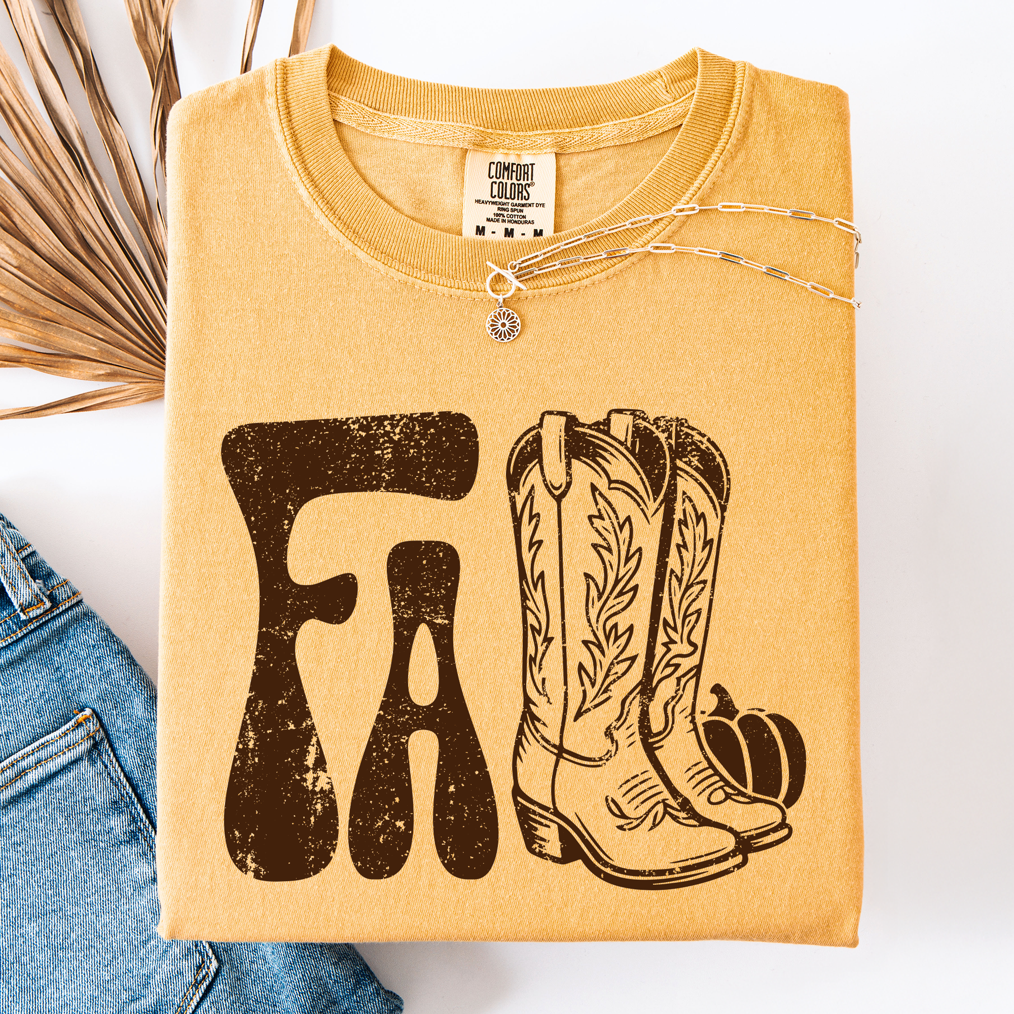 Fall Cowboy Boots Western Autumn Pumpkin Checkered Motif Minimal Vintage Style Comfort Colors Tee