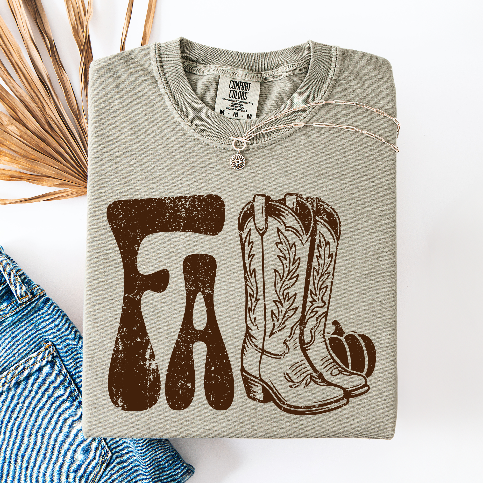 Fall Cowboy Boots Western Autumn Pumpkin Checkered Motif Minimal Vintage Style Comfort Colors Tee