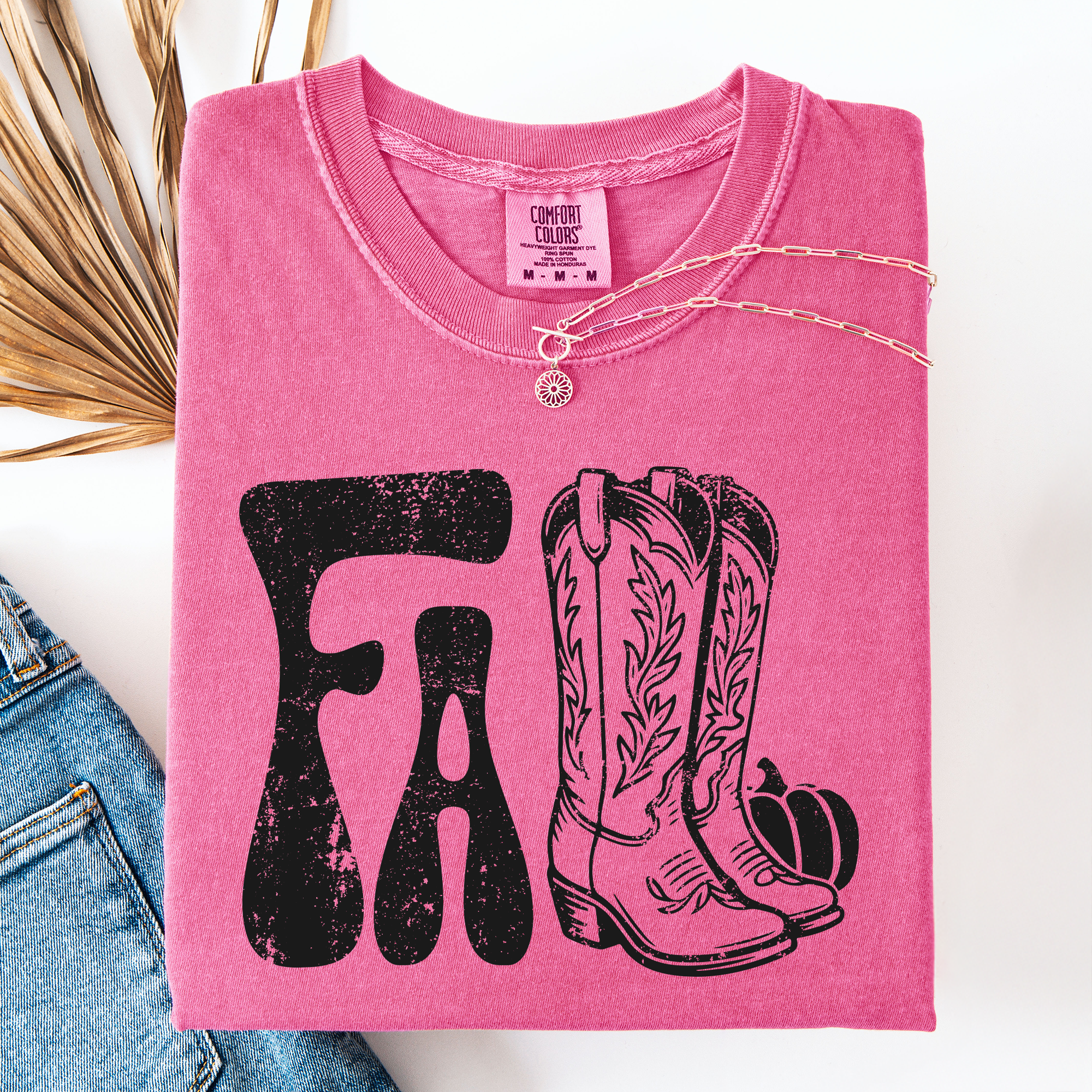 Fall Cowboy Boots Western Autumn Pumpkin Checkered Motif Minimal Vintage Style Comfort Colors Tee