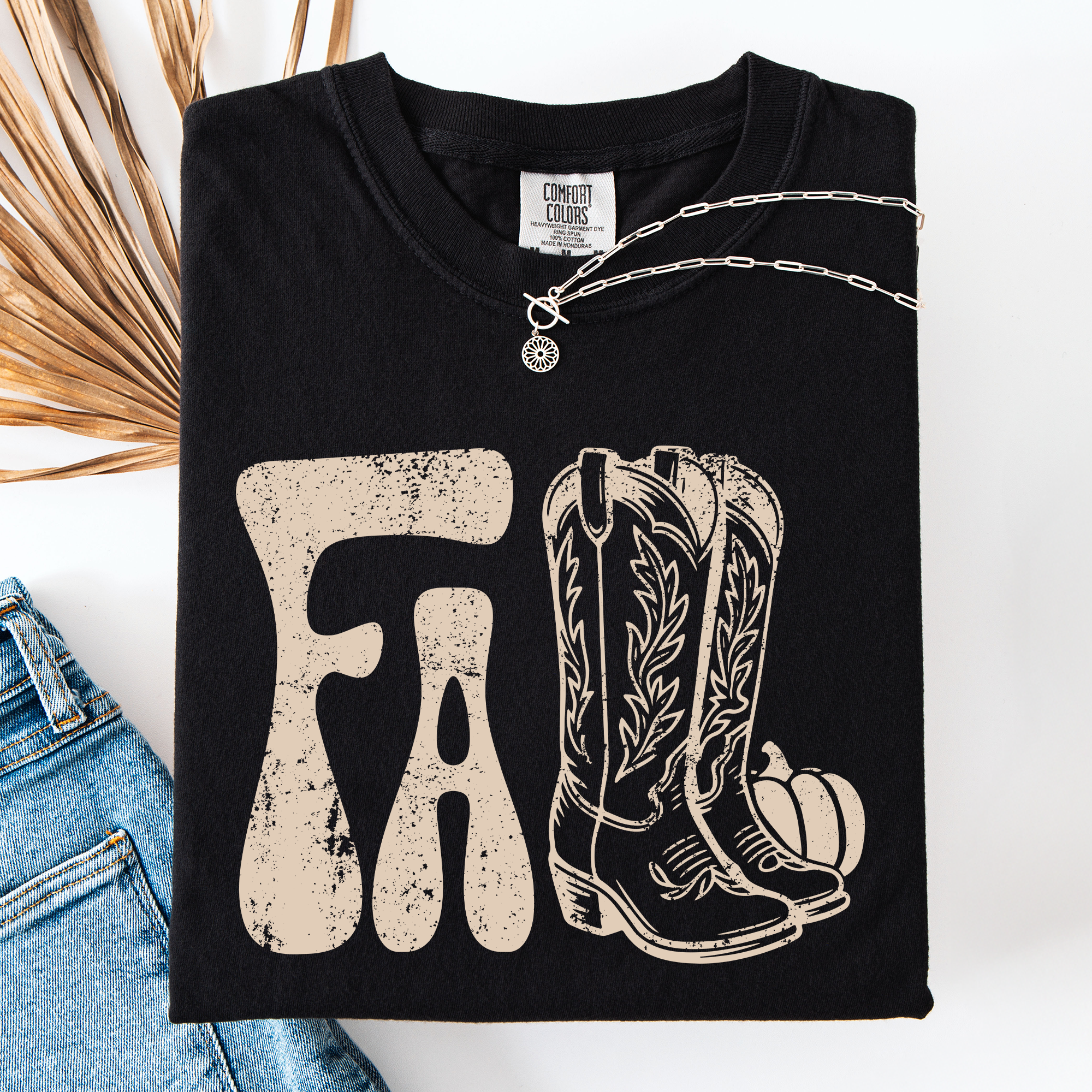 Fall Cowboy Boots Western Autumn Pumpkin Checkered Motif Minimal Vintage Style Comfort Colors Tee
