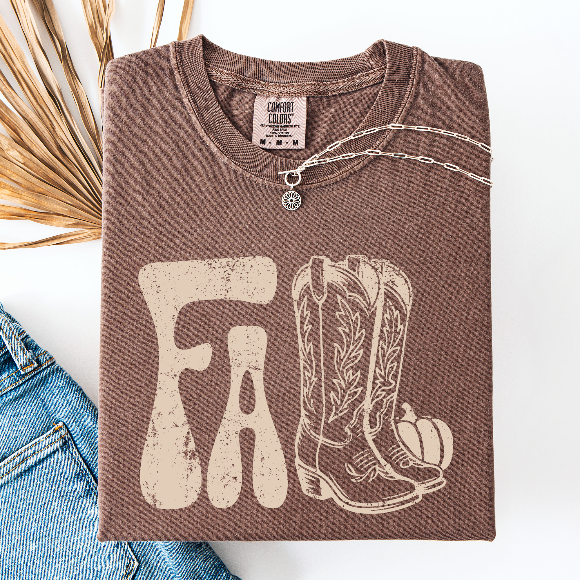 Fall Cowboy Boots Western Autumn Pumpkin Checkered Motif Minimal Vintage Style Comfort Colors Tee