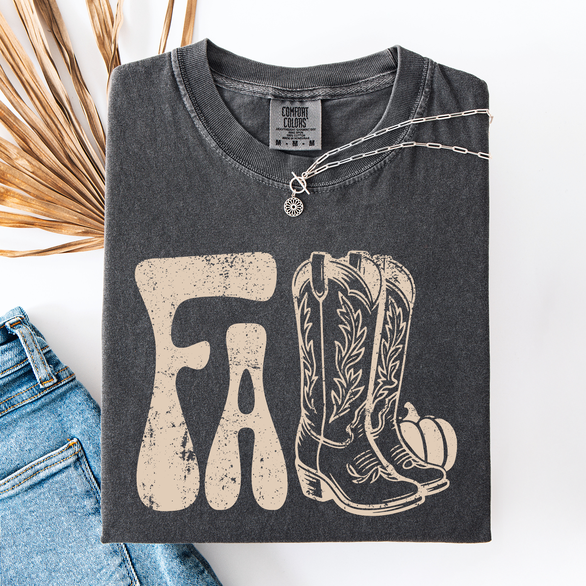 Fall Cowboy Boots Western Autumn Pumpkin Checkered Motif Minimal Vintage Style Comfort Colors Tee