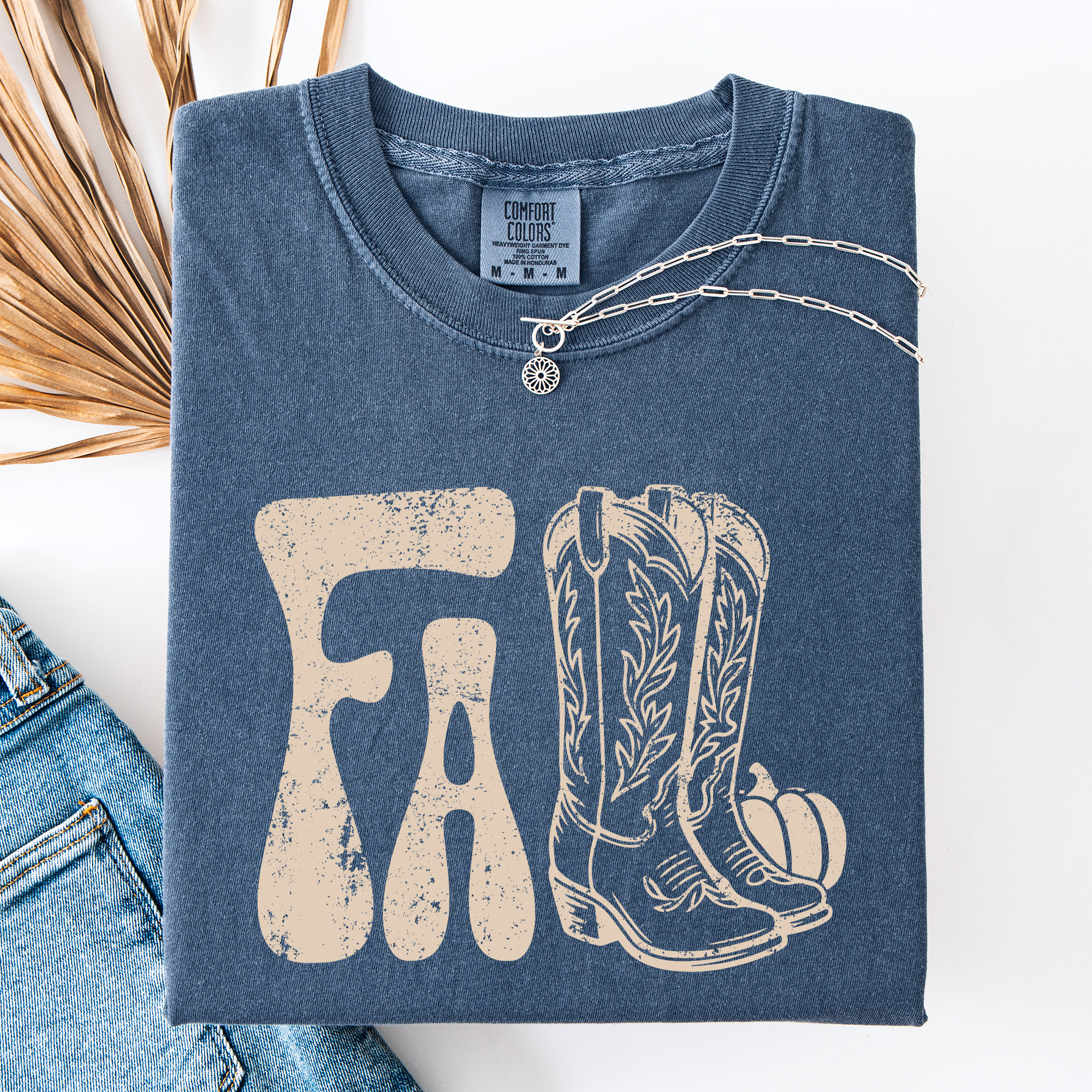 Fall Cowboy Boots Western Autumn Pumpkin Checkered Motif Minimal Vintage Style Comfort Colors Tee