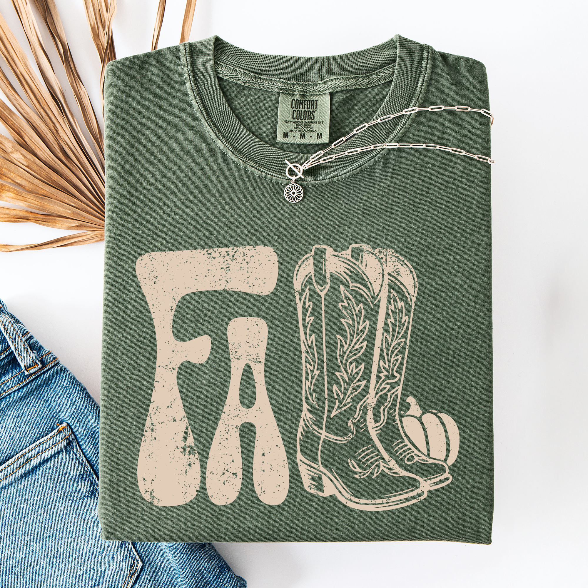 Fall Cowboy Boots Western Autumn Pumpkin Checkered Motif Minimal Vintage Style Comfort Colors Tee