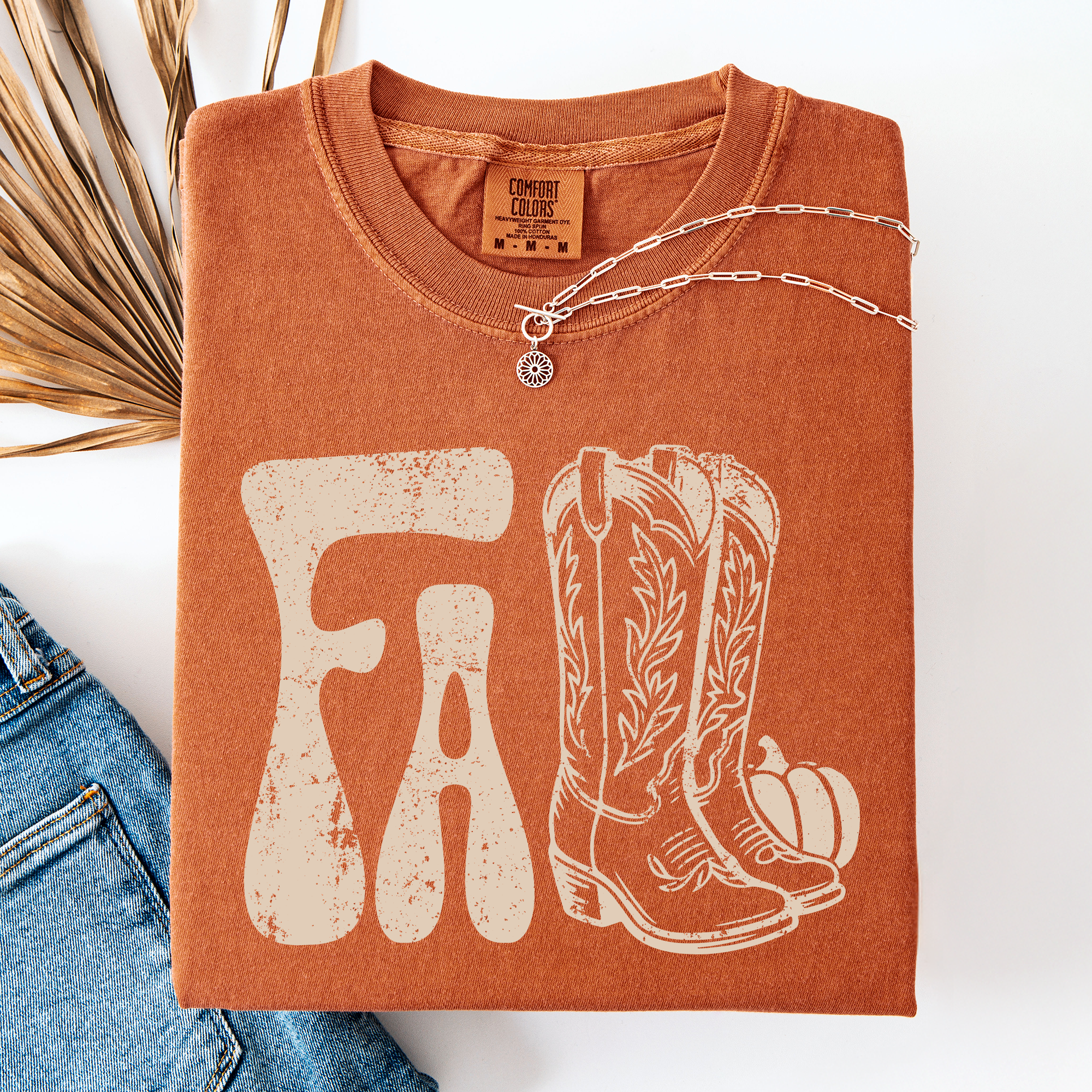 Fall Cowboy Boots Western Autumn Pumpkin Checkered Motif Minimal Vintage Style Comfort Colors Tee