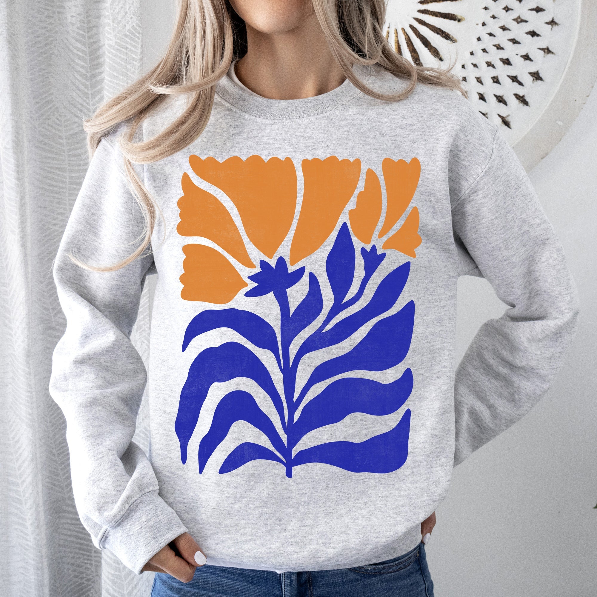 Floral Design Featuring Bold Blues And Oranges Flowers And Nature Motif Sweatshirt