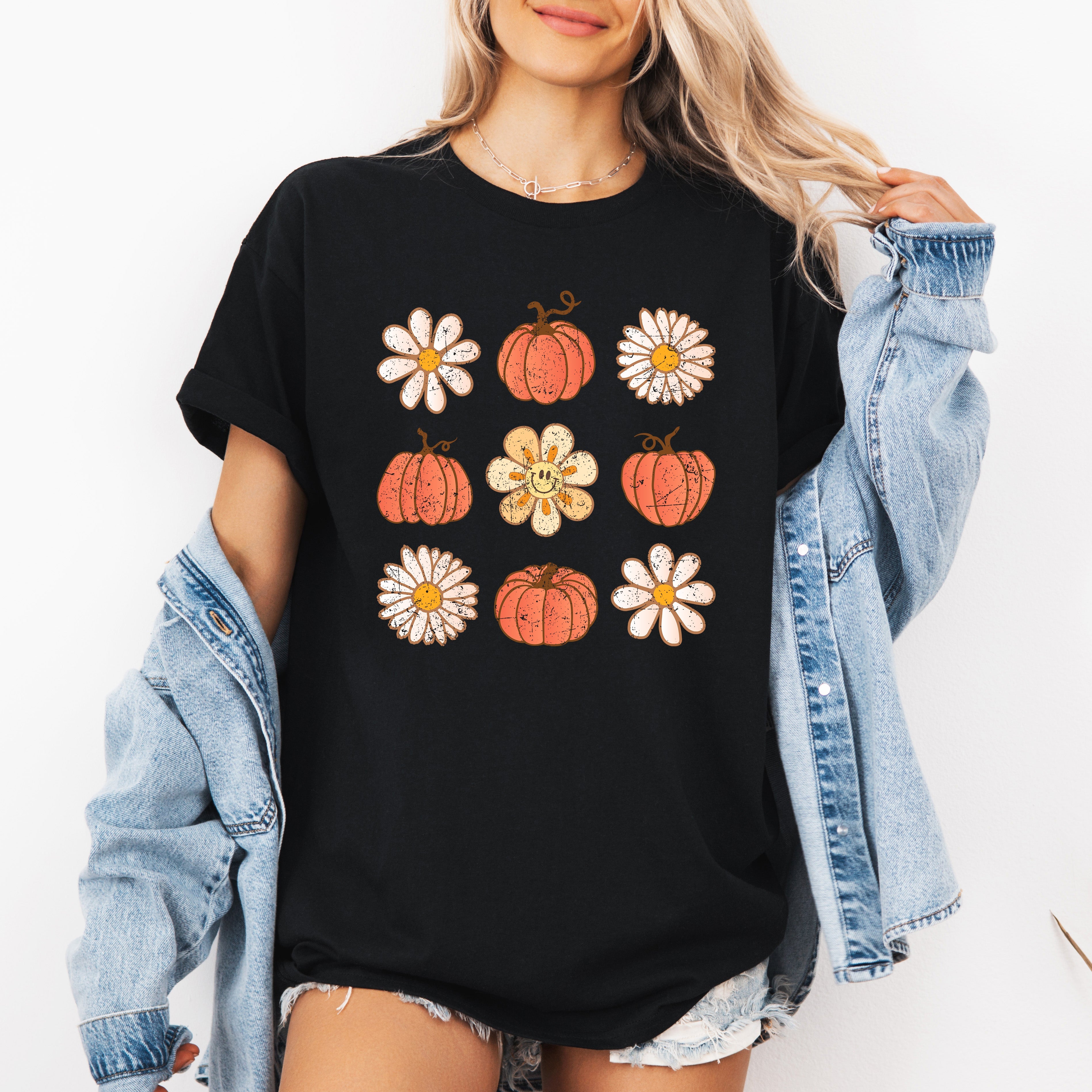 Flowers and Pumpkins Minimalist Autumn Fall Halloween Seasonal Limited Edition Graphic Tee