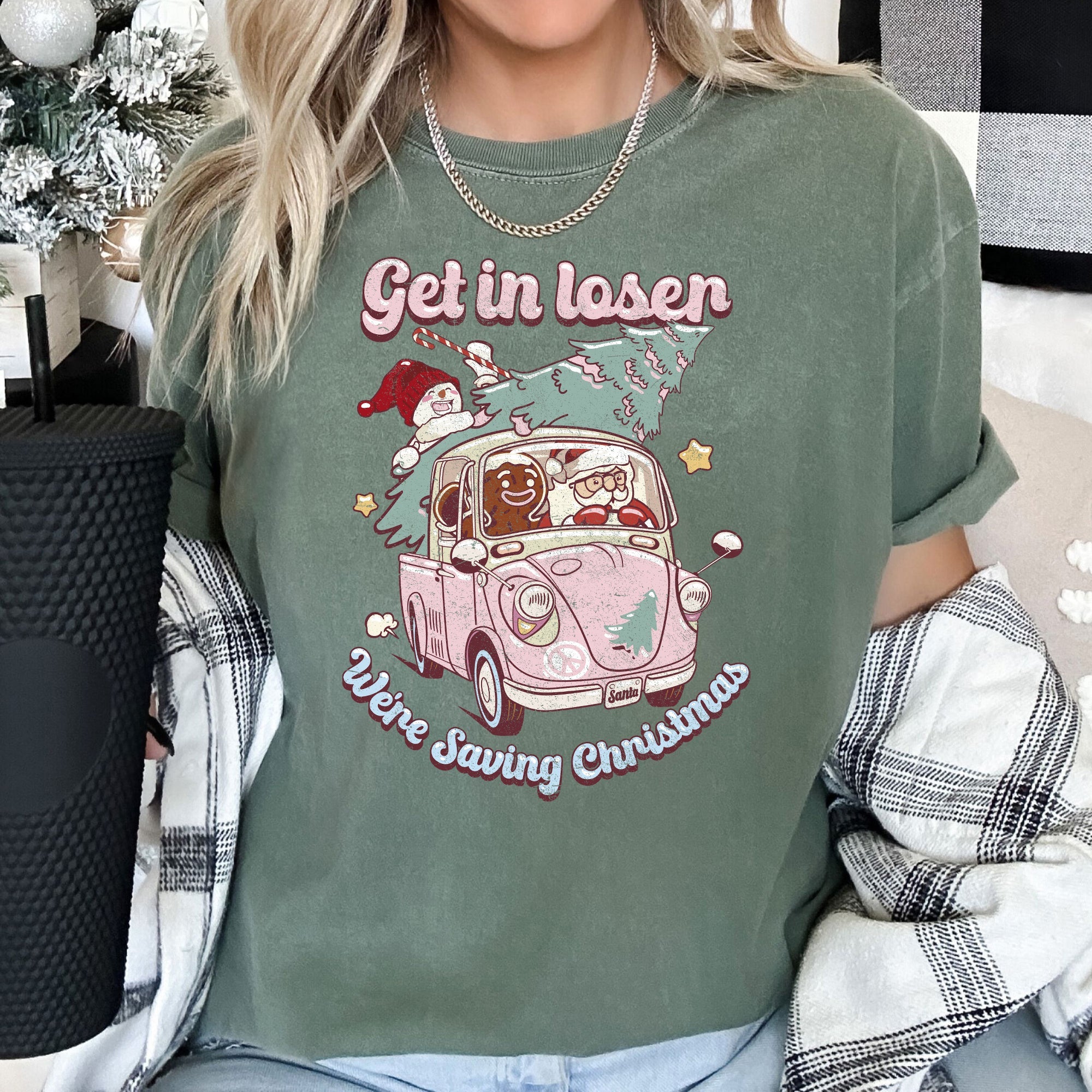 Get In Loser, We're Saving Christmas Retro VW Pink Santa Snowman Comfort Colors Tee