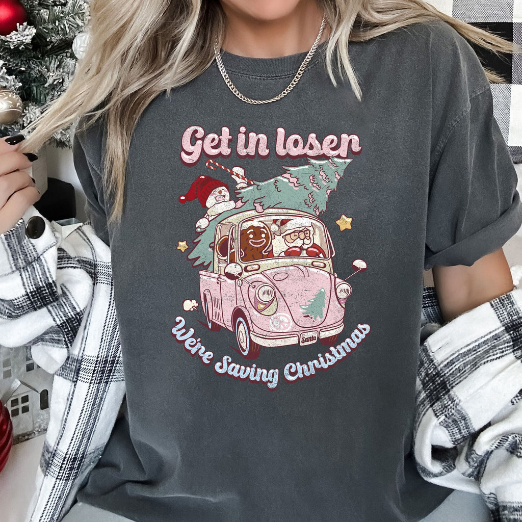 Get In Loser, We're Saving Christmas Retro VW Pink Santa Snowman Comfort Colors Tee