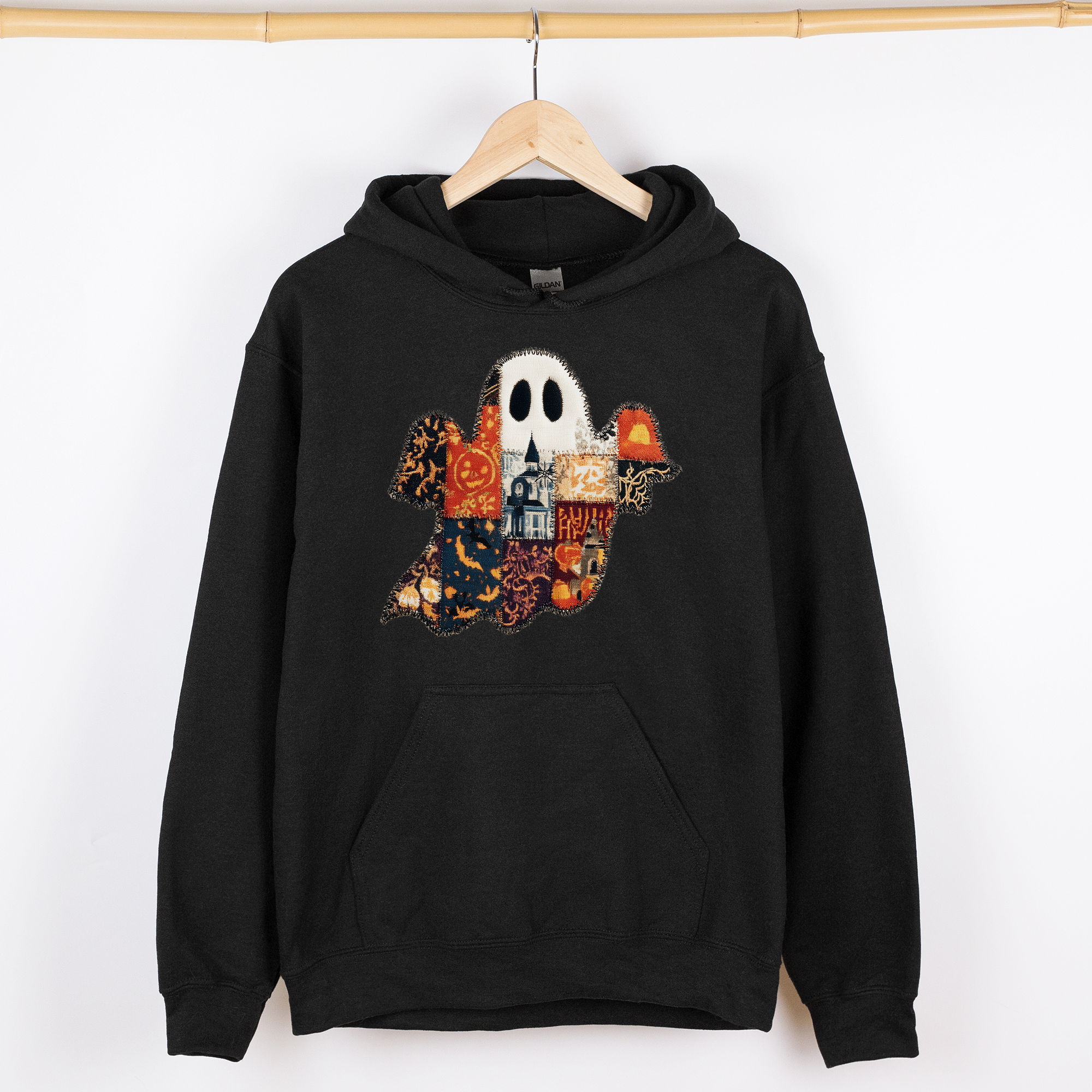 Ghost Faux Quilt Vintage Haunted Autumn Charm Cozy Spooky Patchwork Nightfall Graphic Hoodie
