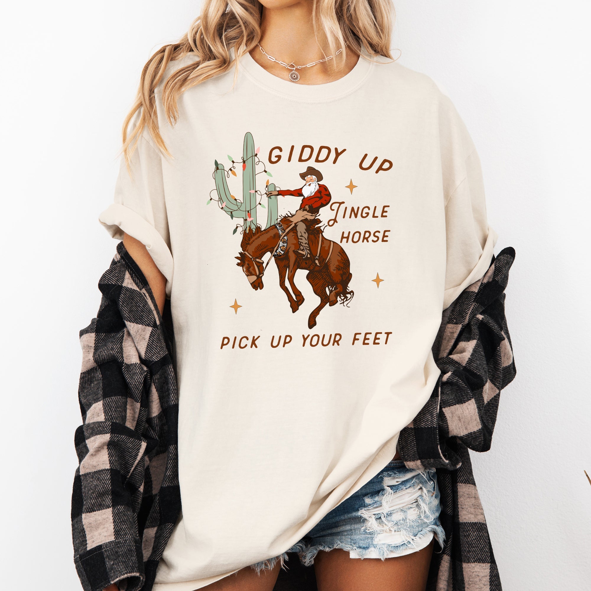 Giddy Up Jingle Horse Santa Christmas Rocking Around Cowboy Country Western Xmas Comfort Colors Tee