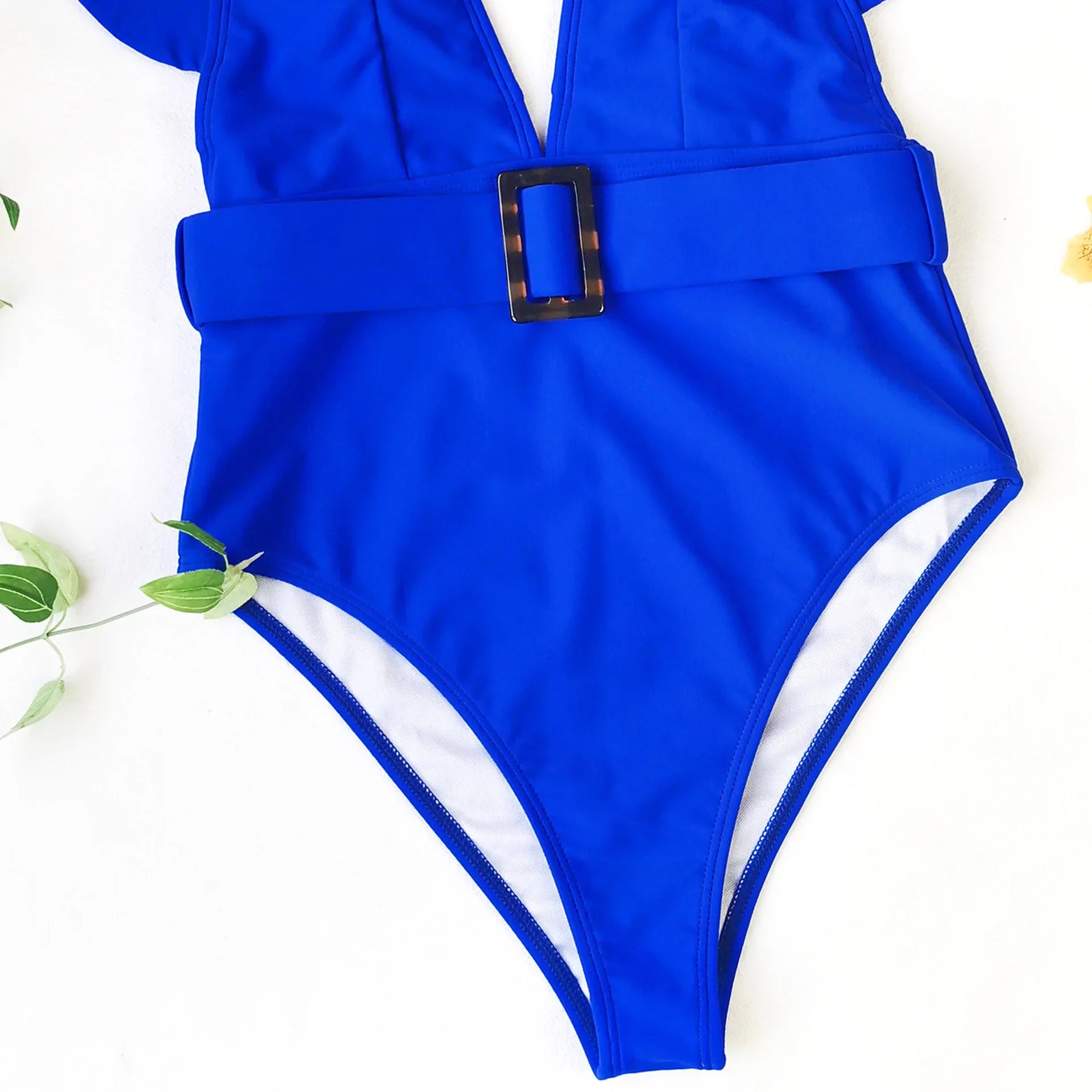 Sexy One Piece Swimsuit 2025 White Deep-V Neck Swimwear Women Black Beach High Cut Ruffles Monokini Buckle Bathing Suit Bodysuit