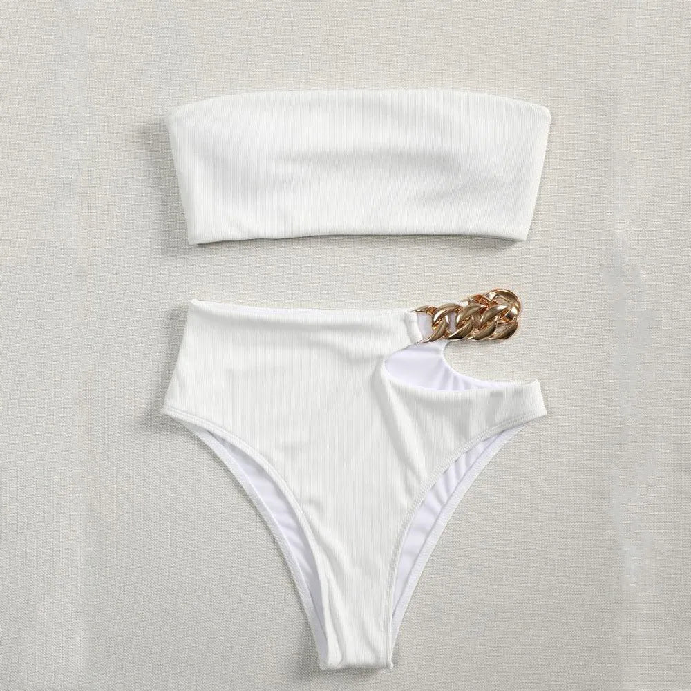 Bandeau Bikini 2025 Women Sexy White Black Cut Out Metal High Waist Swimsuit Female Off Shoulder Bathing Suit Swimwear Beachwear