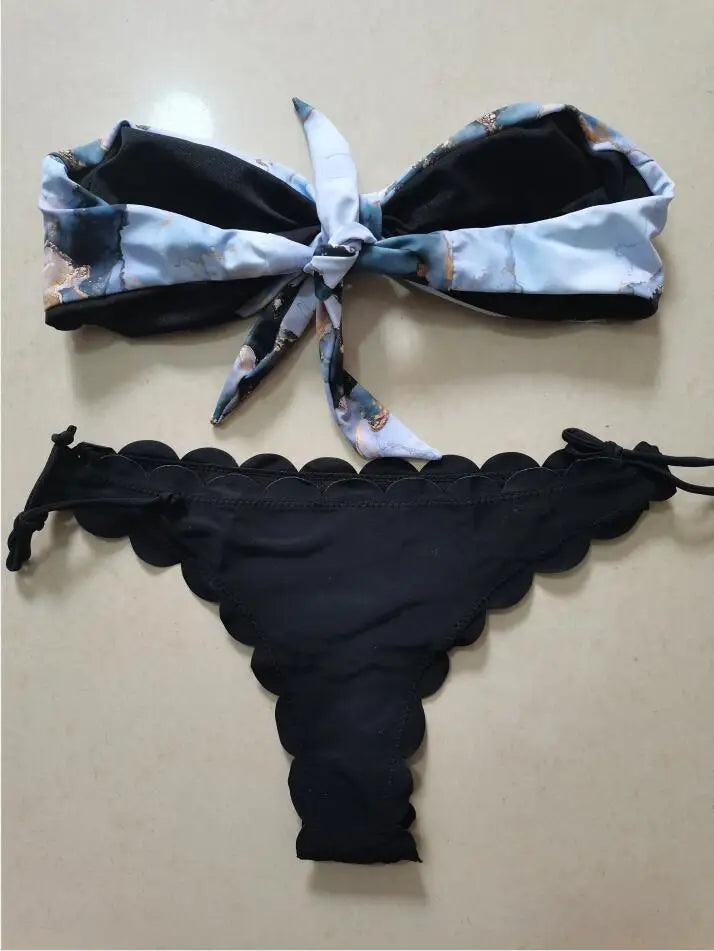Beach Bikini 2025 Woman Sexy Front Lace Up Tie Bandeau Leopard Swimsuit Female Push Up Ruffled Bow Bathing Suit Thong Swimwear