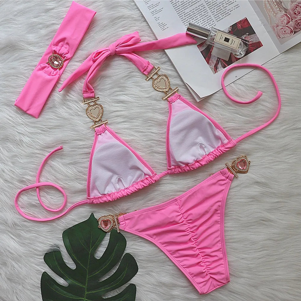 Sexy Rhinestones Bikini Set 2025 Women Red Pink Glitter Diamond Metal Chain Thong Swimwear Bathing Suit Band 3 Piece Swimsuit