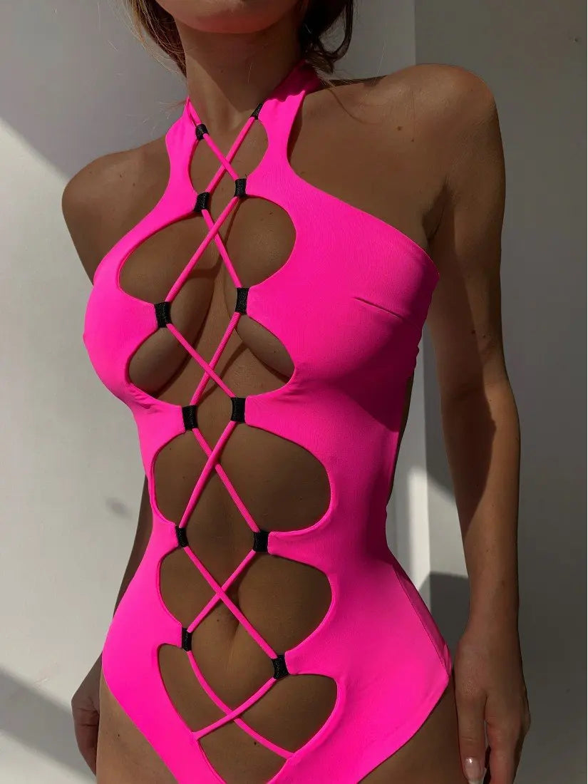 Sexy Black Hollow Out Swimwear Women 2026 High Neck Backless Monokini Lace Up Bandage Bathing Suit Holiday One Piece Swimsuit