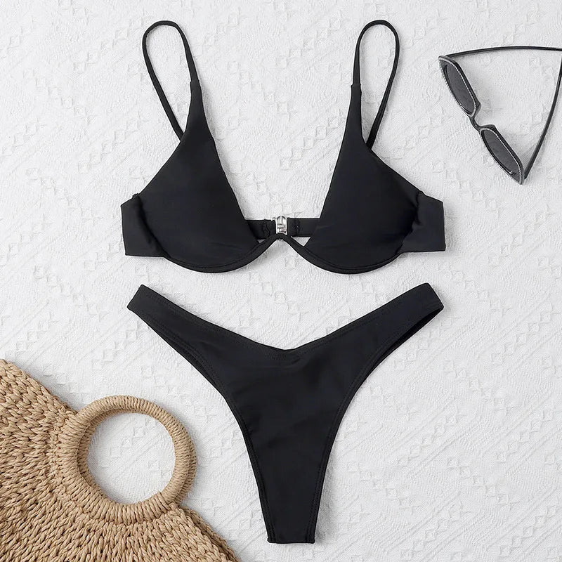 Sexy Underwire Bikini 2026 Mujer Women Solid Red Push Up Bra Thong Swimsuit Haler V Neck Bathing Suit Mini Micro Thong Swimwear