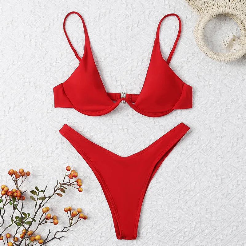 Sexy Underwire Bikini 2026 Mujer Women Solid Red Push Up Bra Thong Swimsuit Haler V Neck Bathing Suit Mini Micro Thong Swimwear