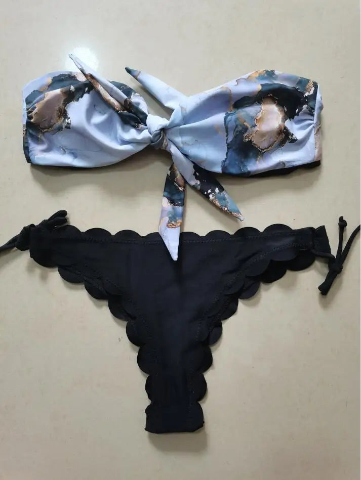 Beach Bikini 2025 Woman Sexy Front Lace Up Tie Bandeau Leopard Swimsuit Female Push Up Ruffled Bow Bathing Suit Thong Swimwear