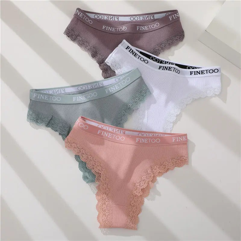 FINETOO Women Cotton Panties M-2XL Sexy Hollow Out Lace Briefs Female Letter Belt Brazil Underwear Girl Big Size Panty  Lingerie