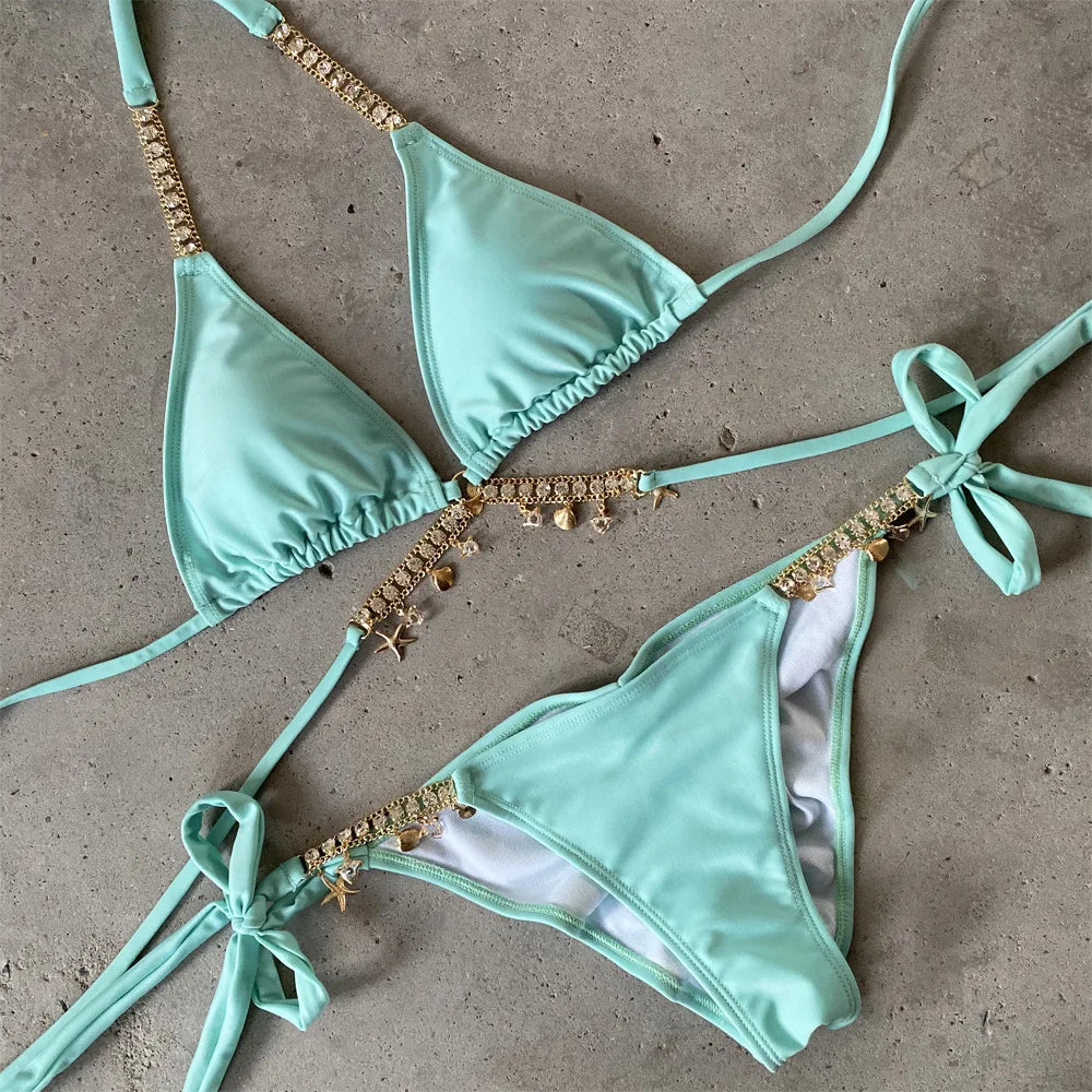 Sexy Luxury Bikini 2026 Women Crystal Rhinestones Push Up Micro Swimsuit Neon Orange Metal Chain Diamond High Cut Thong Swimwear