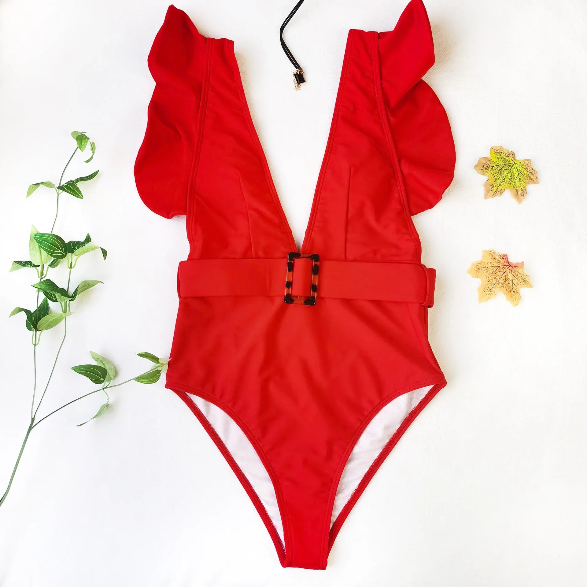 Sexy One Piece Swimsuit 2025 White Deep-V Neck Swimwear Women Black Beach High Cut Ruffles Monokini Buckle Bathing Suit Bodysuit