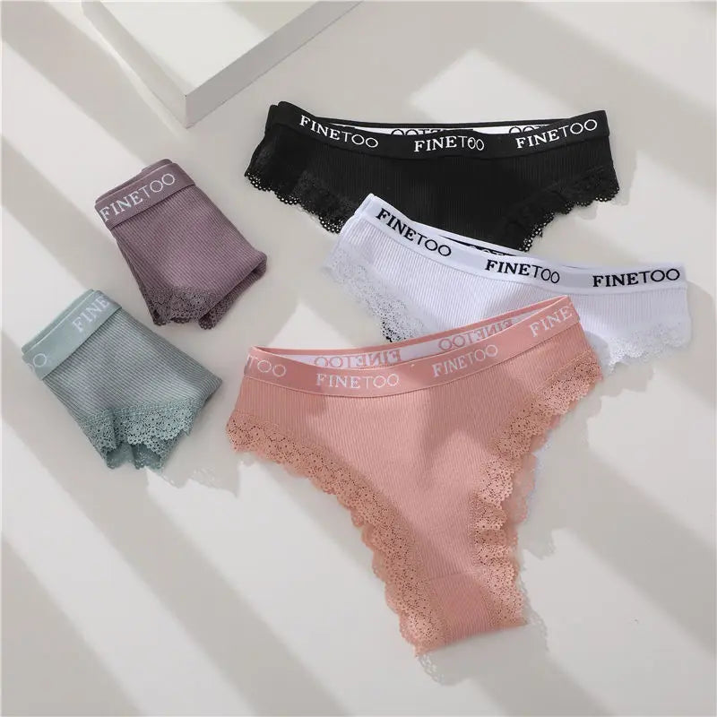 FINETOO Women Cotton Panties M-2XL Sexy Hollow Out Lace Briefs Female Letter Belt Brazil Underwear Girl Big Size Panty  Lingerie