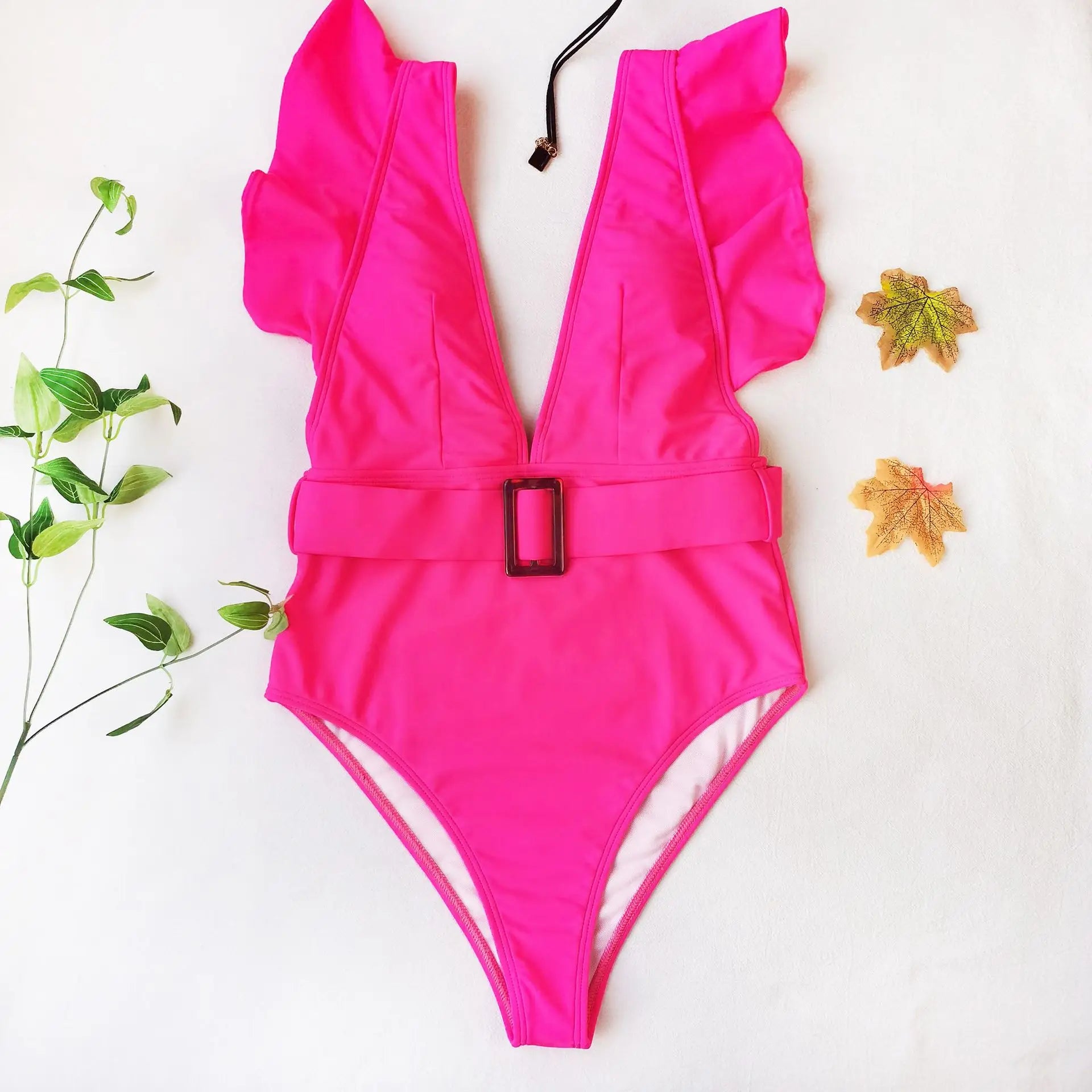 Sexy One Piece Swimsuit 2025 White Deep-V Neck Swimwear Women Black Beach High Cut Ruffles Monokini Buckle Bathing Suit Bodysuit