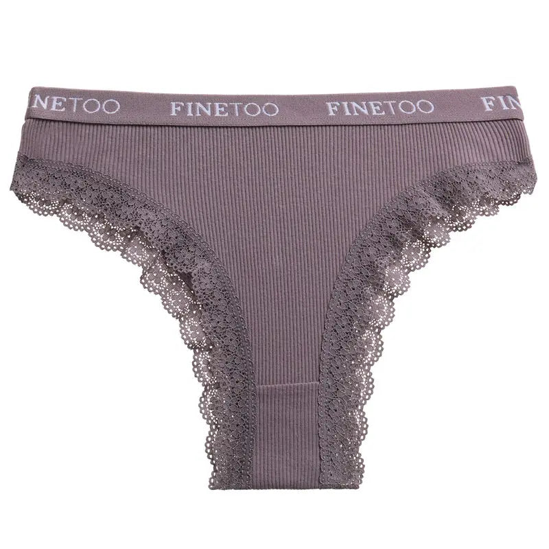 FINETOO Women Cotton Panties M-2XL Sexy Hollow Out Lace Briefs Female Letter Belt Brazil Underwear Girl Big Size Panty  Lingerie