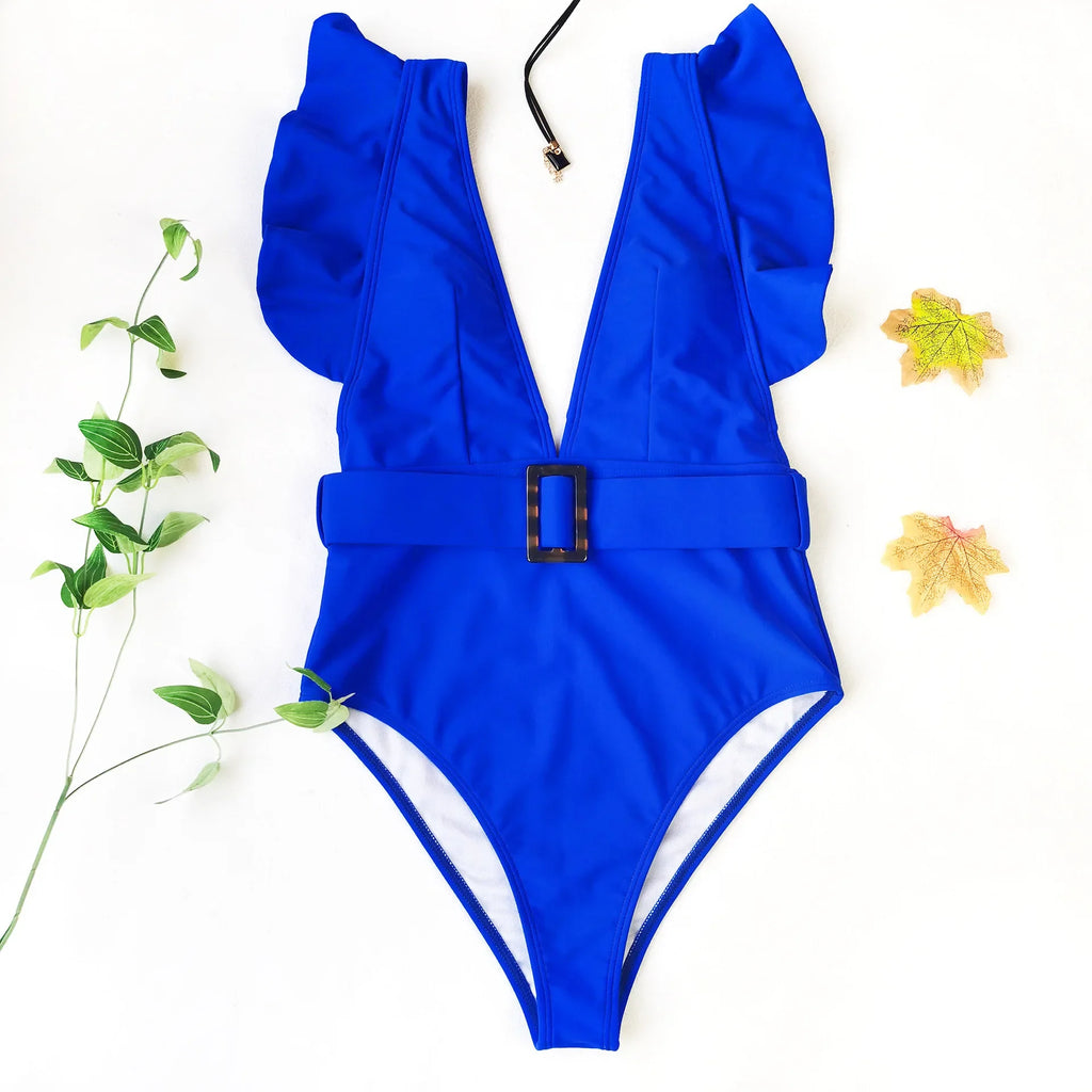 Sexy One Piece Swimsuit 2025 White Deep-V Neck Swimwear Women Black Beach High Cut Ruffles Monokini Buckle Bathing Suit Bodysuit