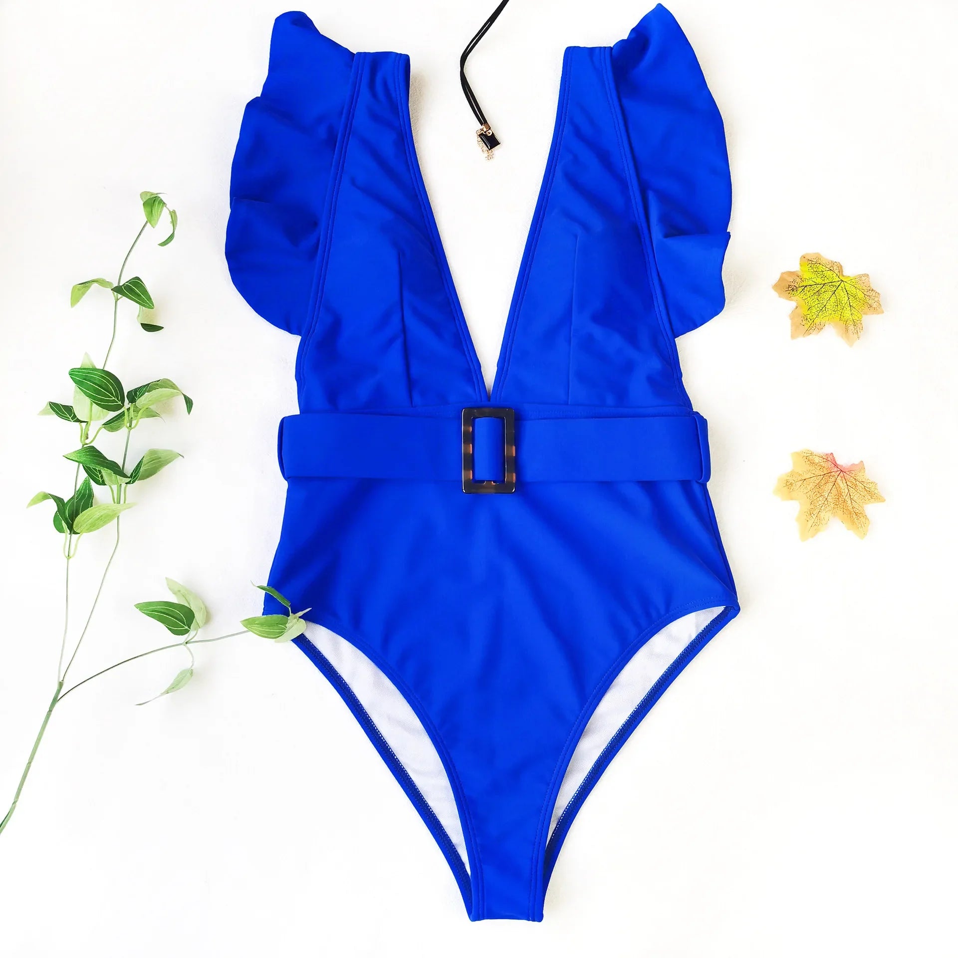 Sexy One Piece Swimsuit 2025 White Deep-V Neck Swimwear Women Black Beach High Cut Ruffles Monokini Buckle Bathing Suit Bodysuit