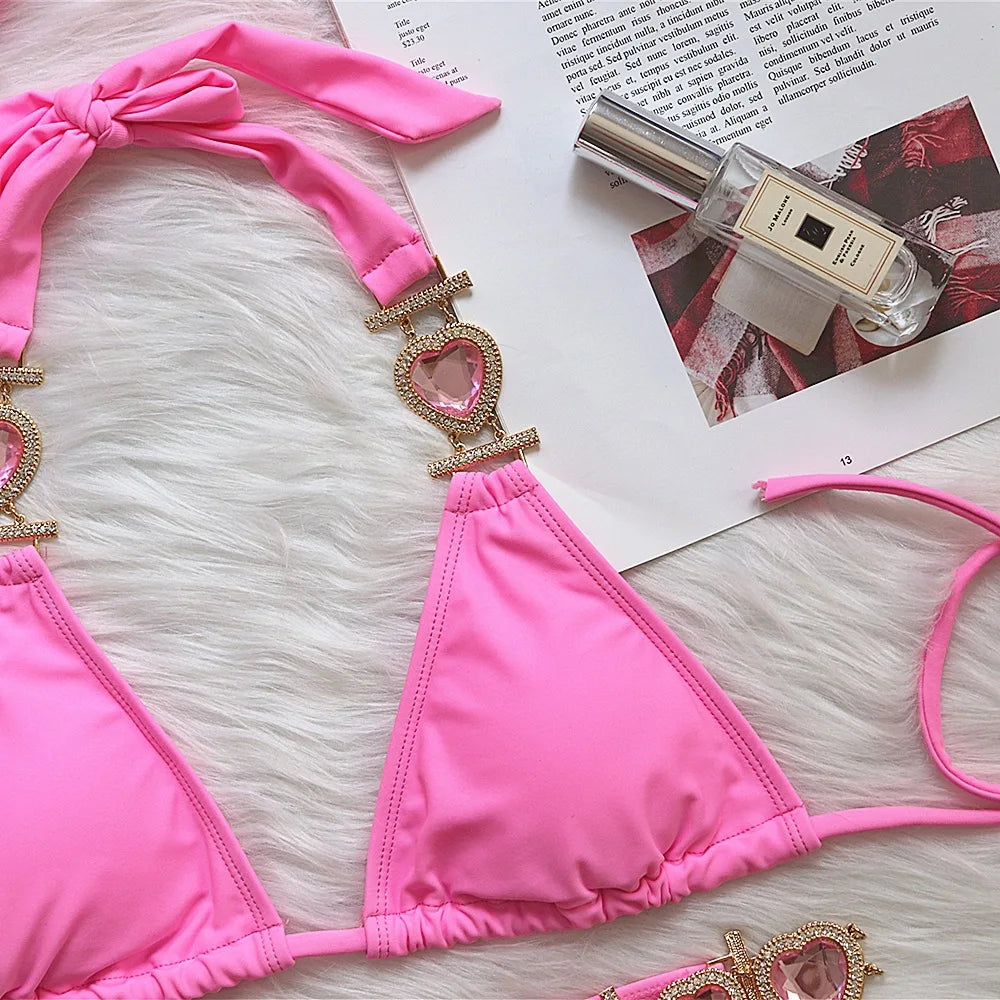Sexy Rhinestones Bikini Set 2025 Women Red Pink Glitter Diamond Metal Chain Thong Swimwear Bathing Suit Band 3 Piece Swimsuit