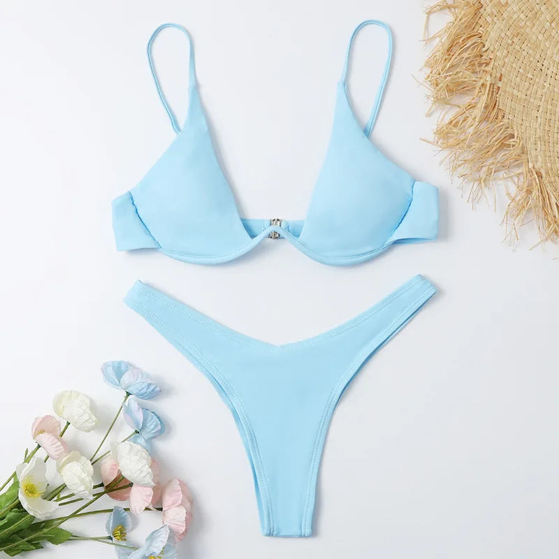 Sexy Underwire Bikini 2026 Mujer Women Solid Red Push Up Bra Thong Swimsuit Haler V Neck Bathing Suit Mini Micro Thong Swimwear