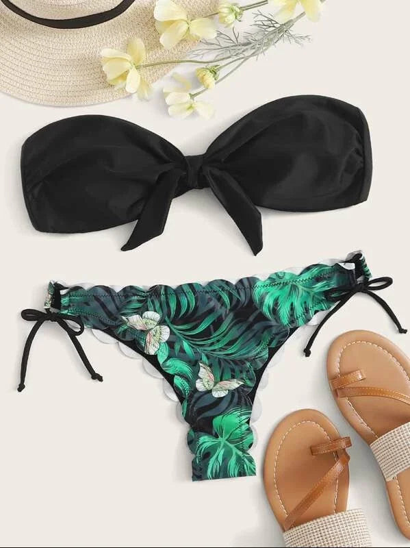 Beach Bikini 2025 Woman Sexy Front Lace Up Tie Bandeau Leopard Swimsuit Female Push Up Ruffled Bow Bathing Suit Thong Swimwear