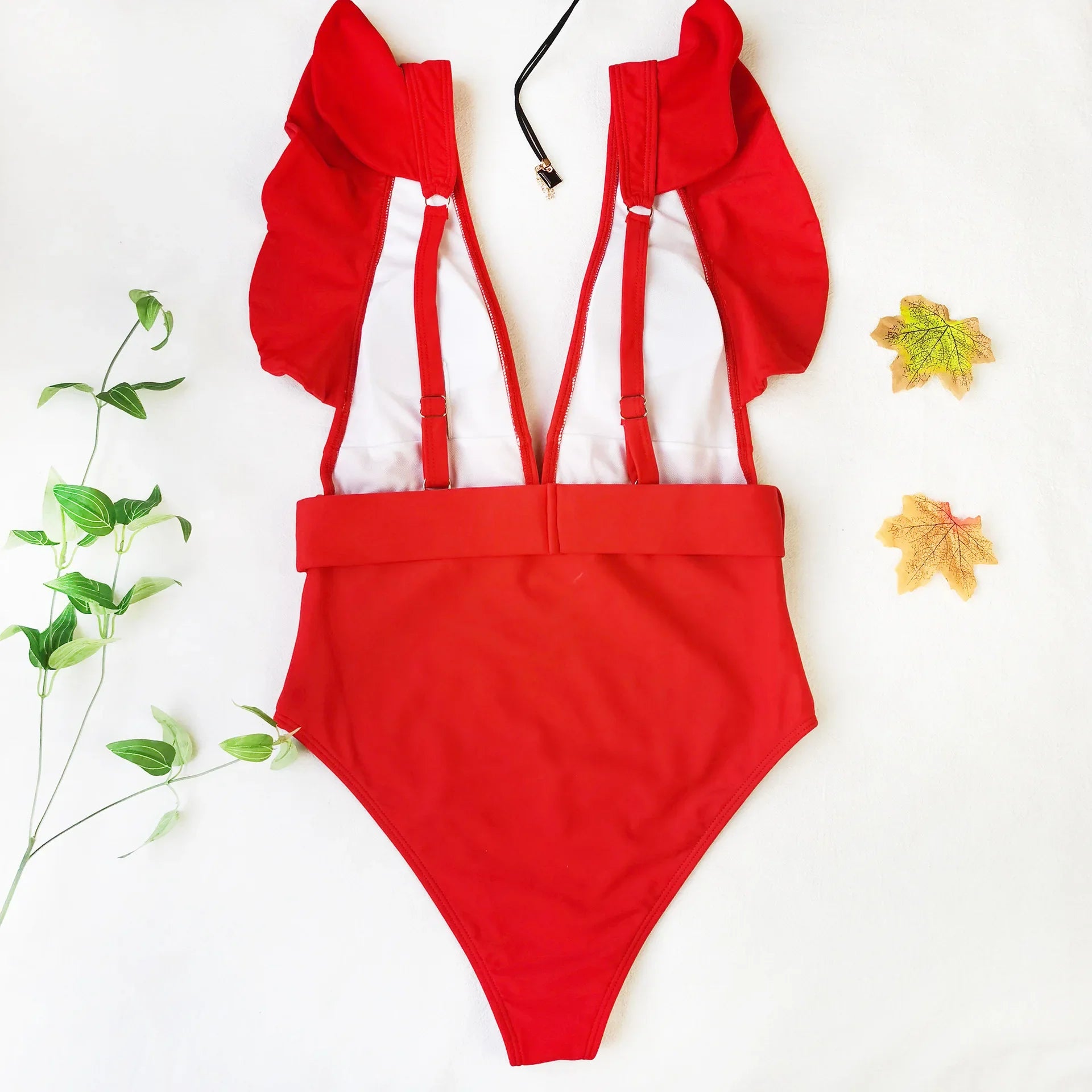 Sexy One Piece Swimsuit 2025 White Deep-V Neck Swimwear Women Black Beach High Cut Ruffles Monokini Buckle Bathing Suit Bodysuit