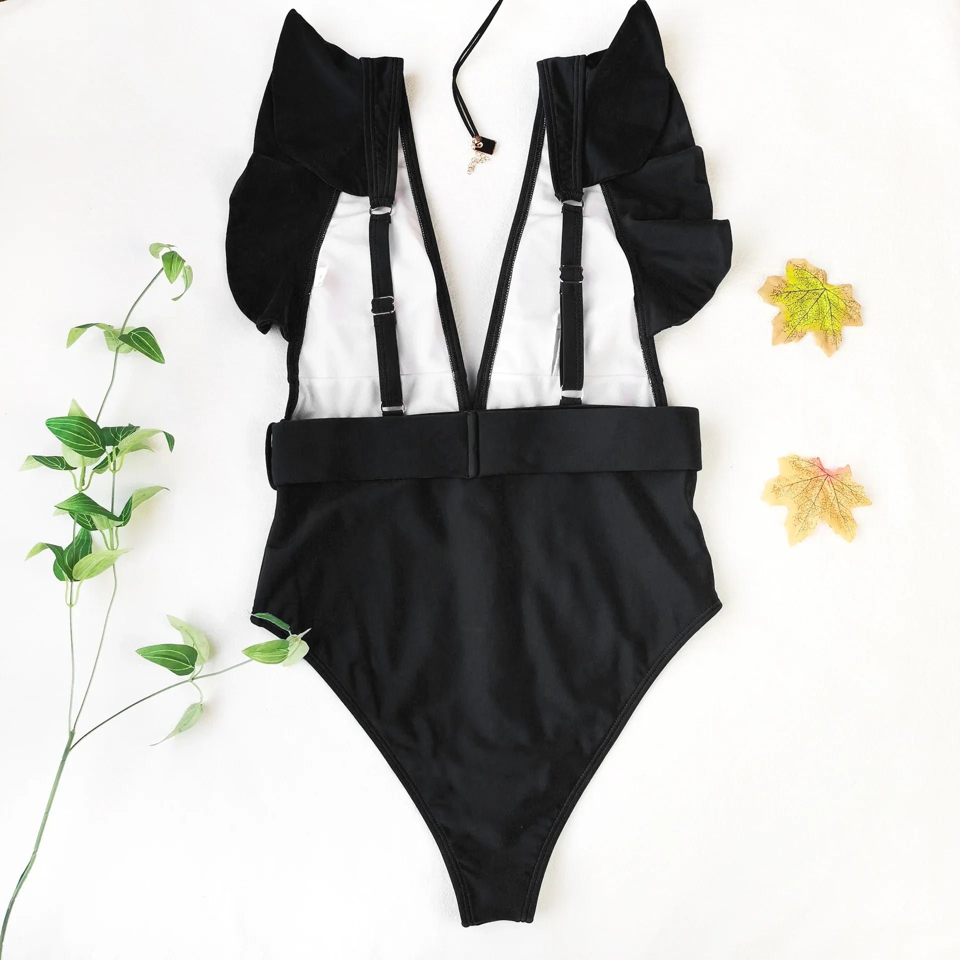 Sexy One Piece Swimsuit 2025 White Deep-V Neck Swimwear Women Black Beach High Cut Ruffles Monokini Buckle Bathing Suit Bodysuit