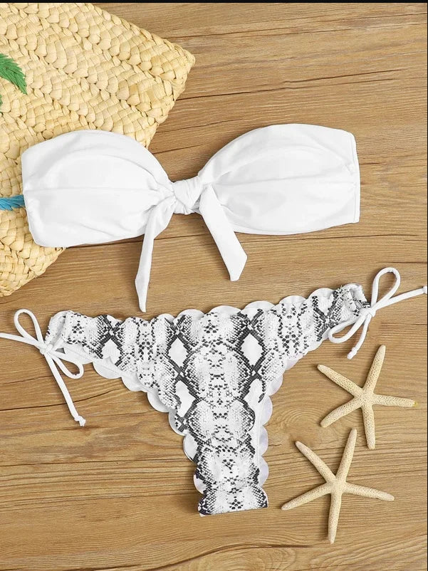 Beach Bikini 2025 Woman Sexy Front Lace Up Tie Bandeau Leopard Swimsuit Female Push Up Ruffled Bow Bathing Suit Thong Swimwear
