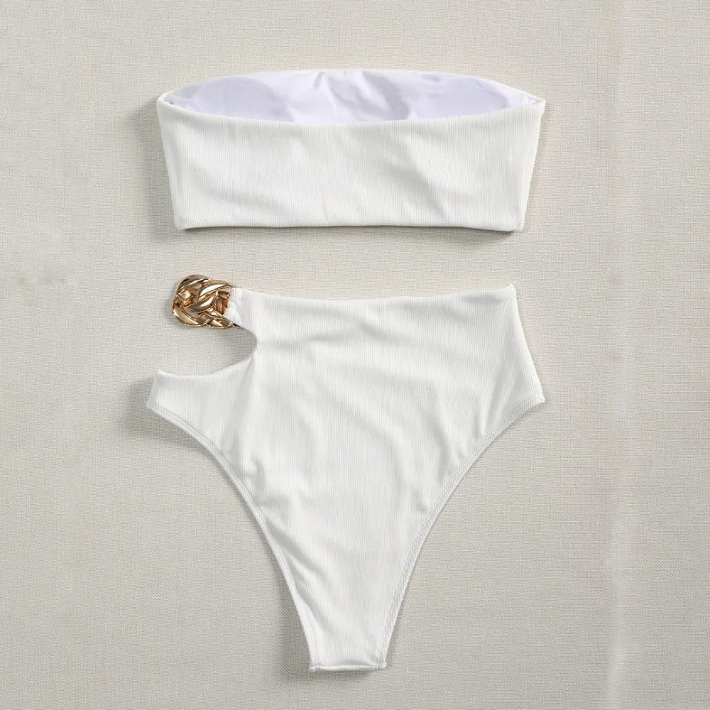 Bandeau Bikini 2025 Women Sexy White Black Cut Out Metal High Waist Swimsuit Female Off Shoulder Bathing Suit Swimwear Beachwear