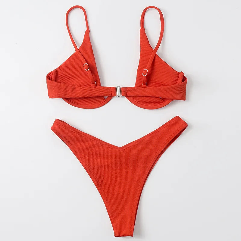 Sexy Underwire Bikini 2026 Mujer Women Solid Red Push Up Bra Thong Swimsuit Haler V Neck Bathing Suit Mini Micro Thong Swimwear