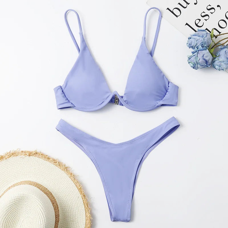 Sexy Underwire Bikini 2026 Mujer Women Solid Red Push Up Bra Thong Swimsuit Haler V Neck Bathing Suit Mini Micro Thong Swimwear