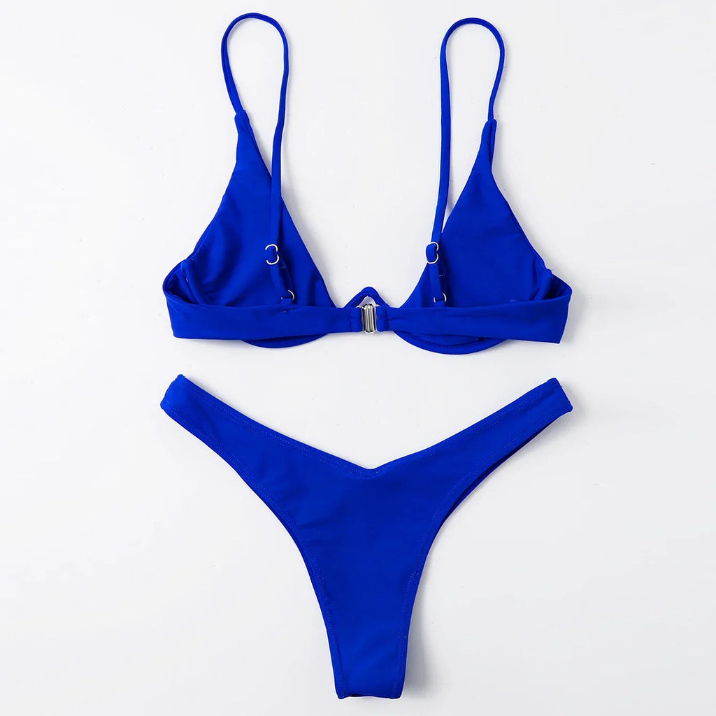 Sexy Underwire Bikini 2026 Mujer Women Solid Red Push Up Bra Thong Swimsuit Haler V Neck Bathing Suit Mini Micro Thong Swimwear