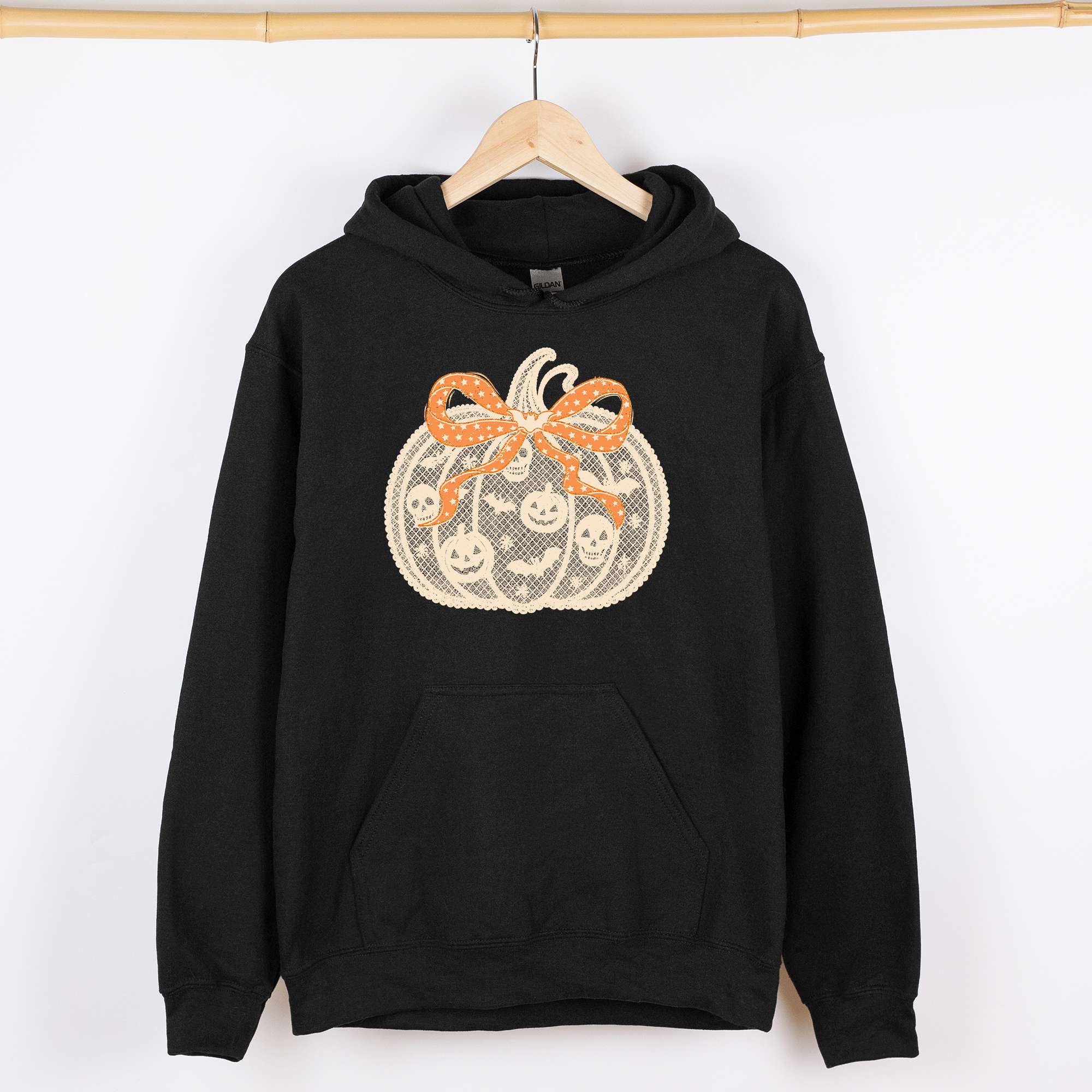Halloween Pumpkin Faux Lace Coquette Ribbon Bows Embroidered Details Graphic Hoodie