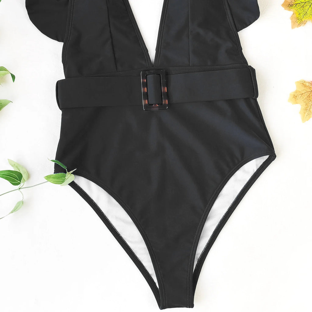 Sexy One Piece Swimsuit 2025 White Deep-V Neck Swimwear Women Black Beach High Cut Ruffles Monokini Buckle Bathing Suit Bodysuit