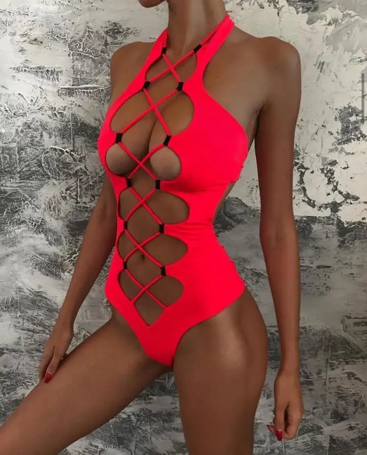 Sexy Black Hollow Out Swimwear Women 2026 High Neck Backless Monokini Lace Up Bandage Bathing Suit Holiday One Piece Swimsuit