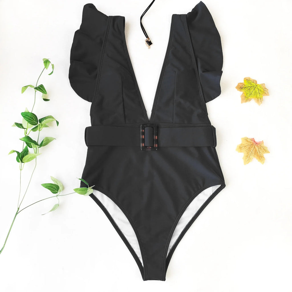 Sexy One Piece Swimsuit 2025 White Deep-V Neck Swimwear Women Black Beach High Cut Ruffles Monokini Buckle Bathing Suit Bodysuit