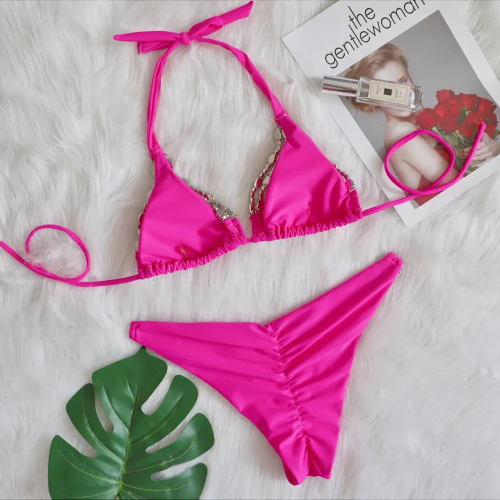 Sexy Rhinestone Bikini Set 2025 Shinny Hot Pink Push Up Thong Swimsuit Brazilian Diamond Metal Chain Beach Bathing Suit Swimwear